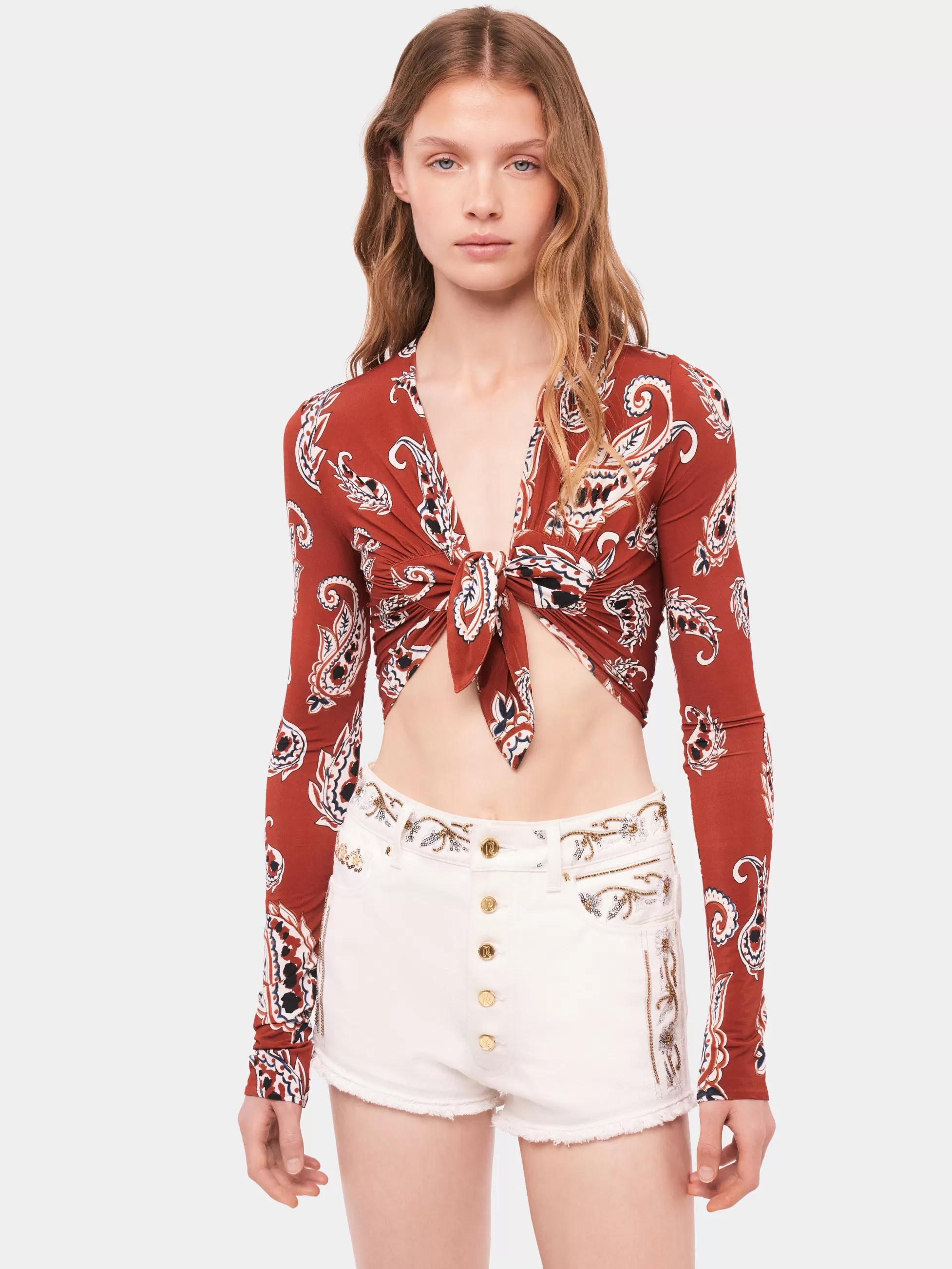 Rabanne Hauts^Crop top motif paisley à manches longues