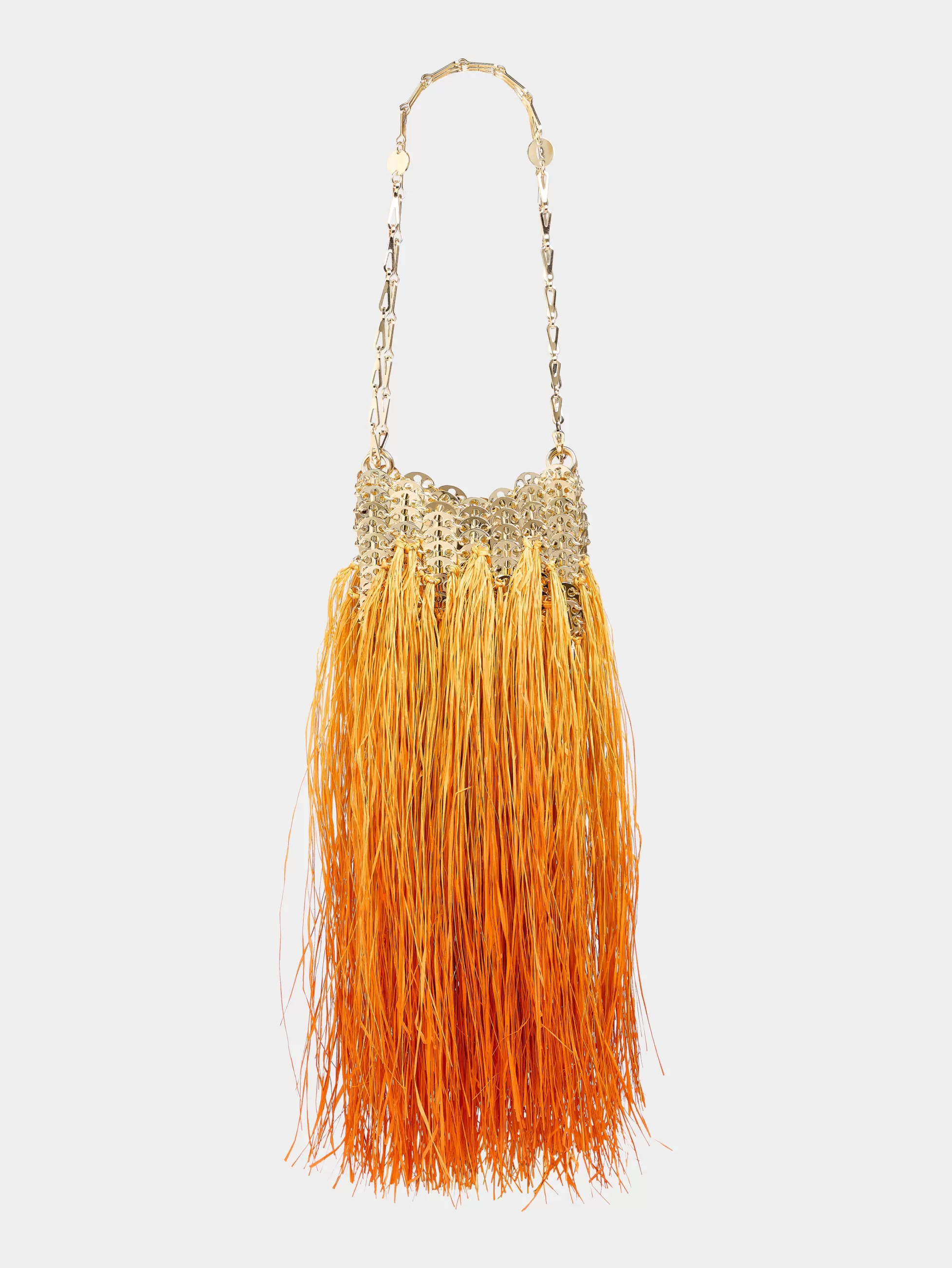 Rabanne Le Sac 1969^Sac 1969 nano or fait main avec des franges en raphia